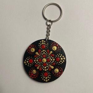 Hand painted wooden mandala keychain red black and gold